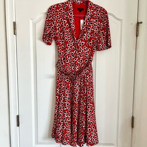 J. Crew Red Abstract Heart Midi Belted Shirt Dress